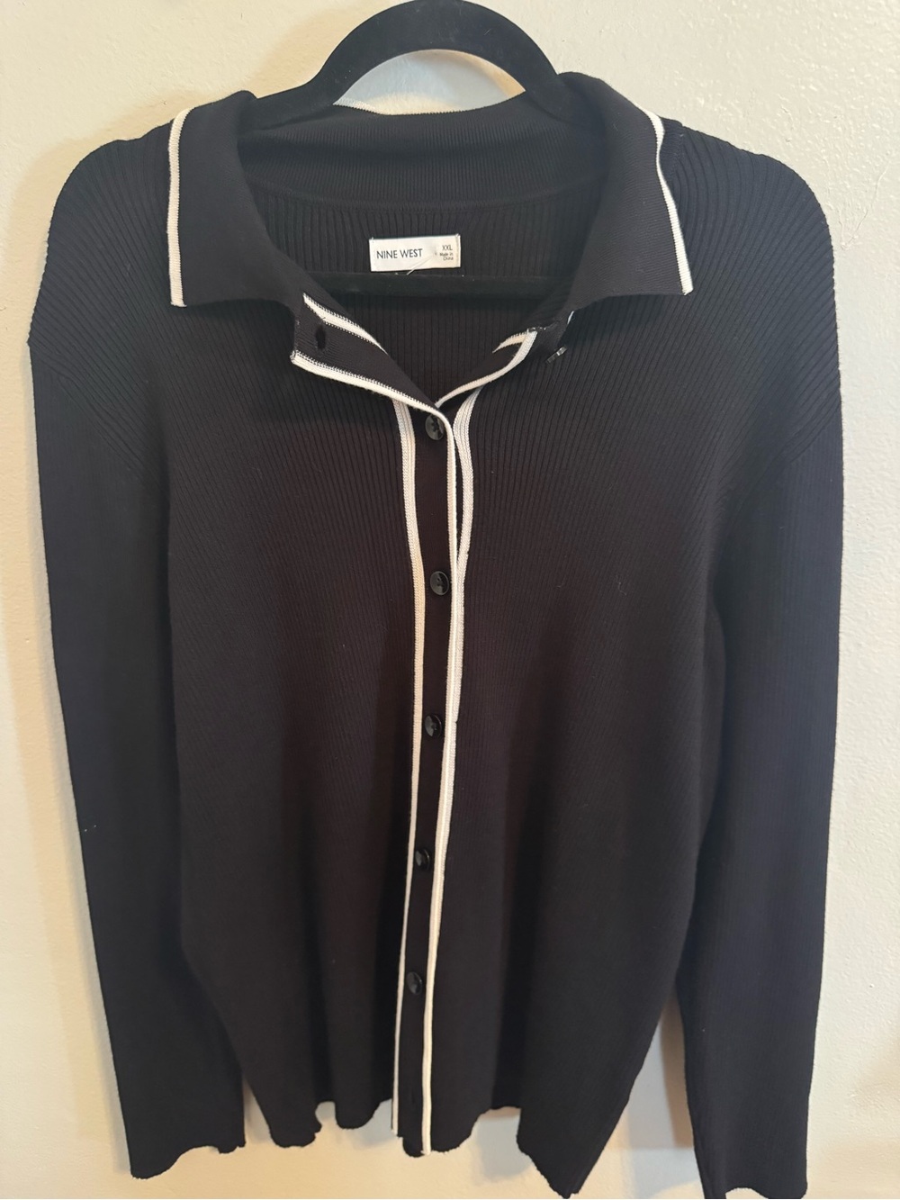 Nine West XXL Black Ribbed Knit Polo Cardigan White Trim Button Front
